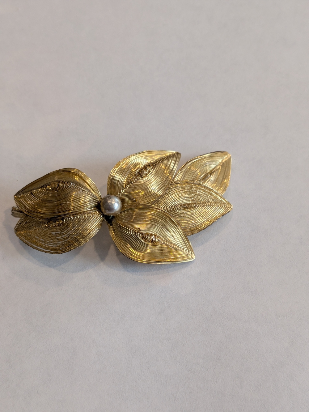 Vintage Gold Tony Leaf Cluster Brooch with Pearl Accent
